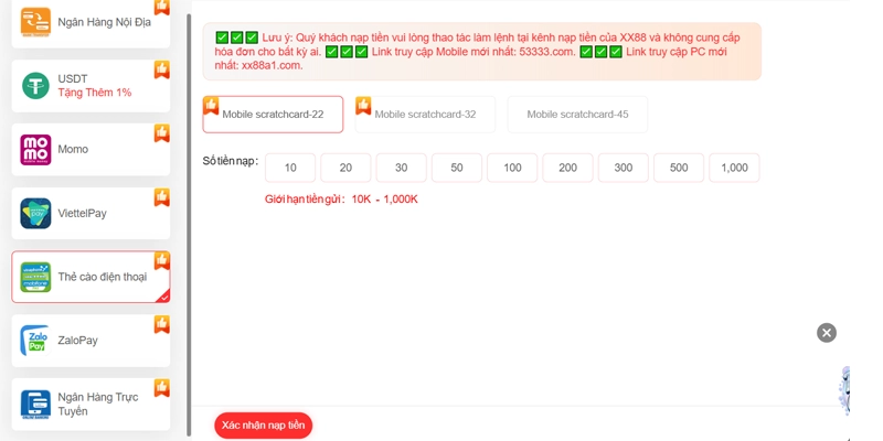 Nạp tiền XX88 bằng thẻ cào điện thoại